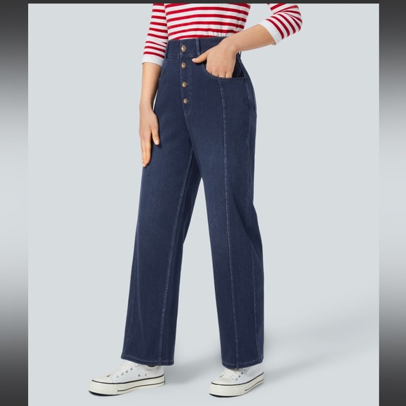 High Waisted Decorative Button Straight Leg Stretchy Casual Boyfriend Jeans - Picture 1 of 8